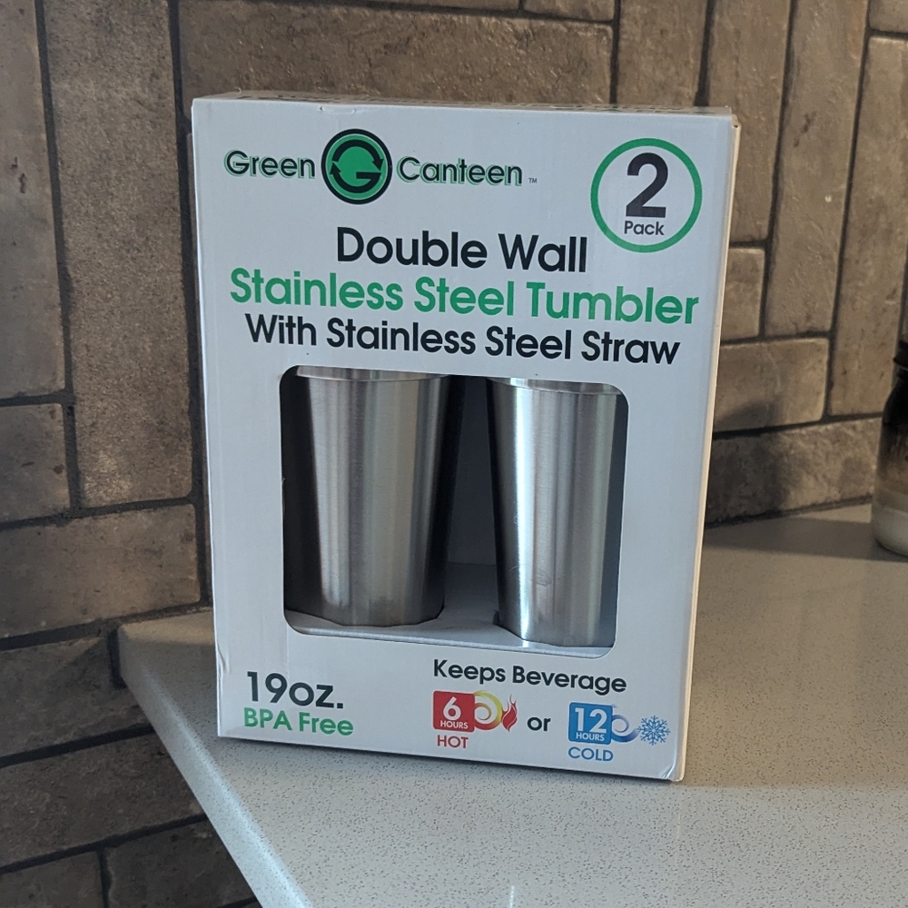 Set of 2 Double Wall Stainless Steel Tumblers with straws